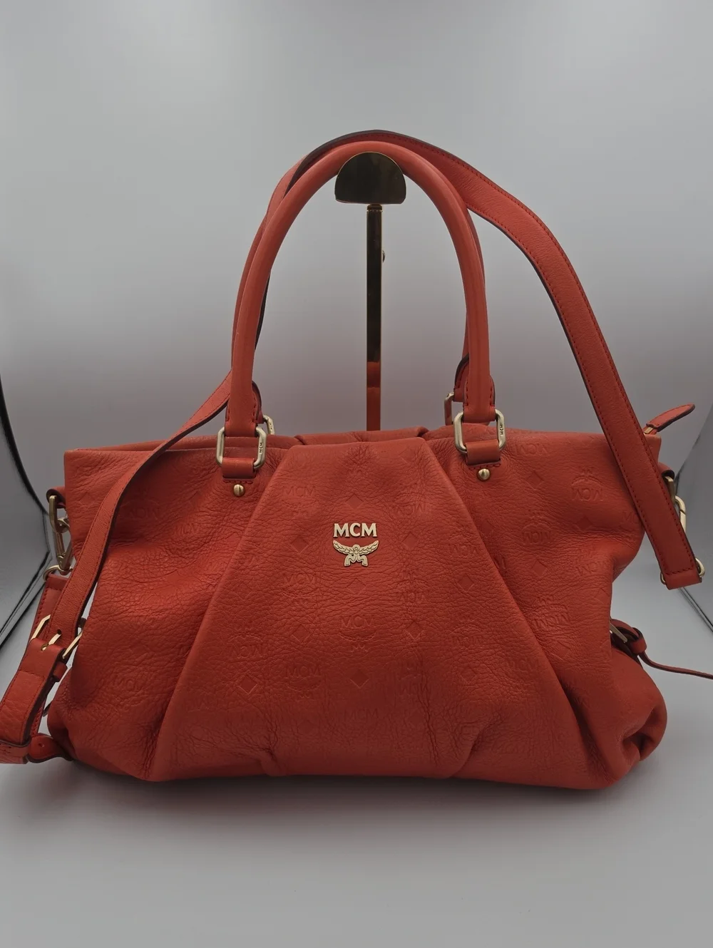 MCM Bright Orange Visetos Embossed Top Double Handles Large Satchel Bag (EUC)🧡✨